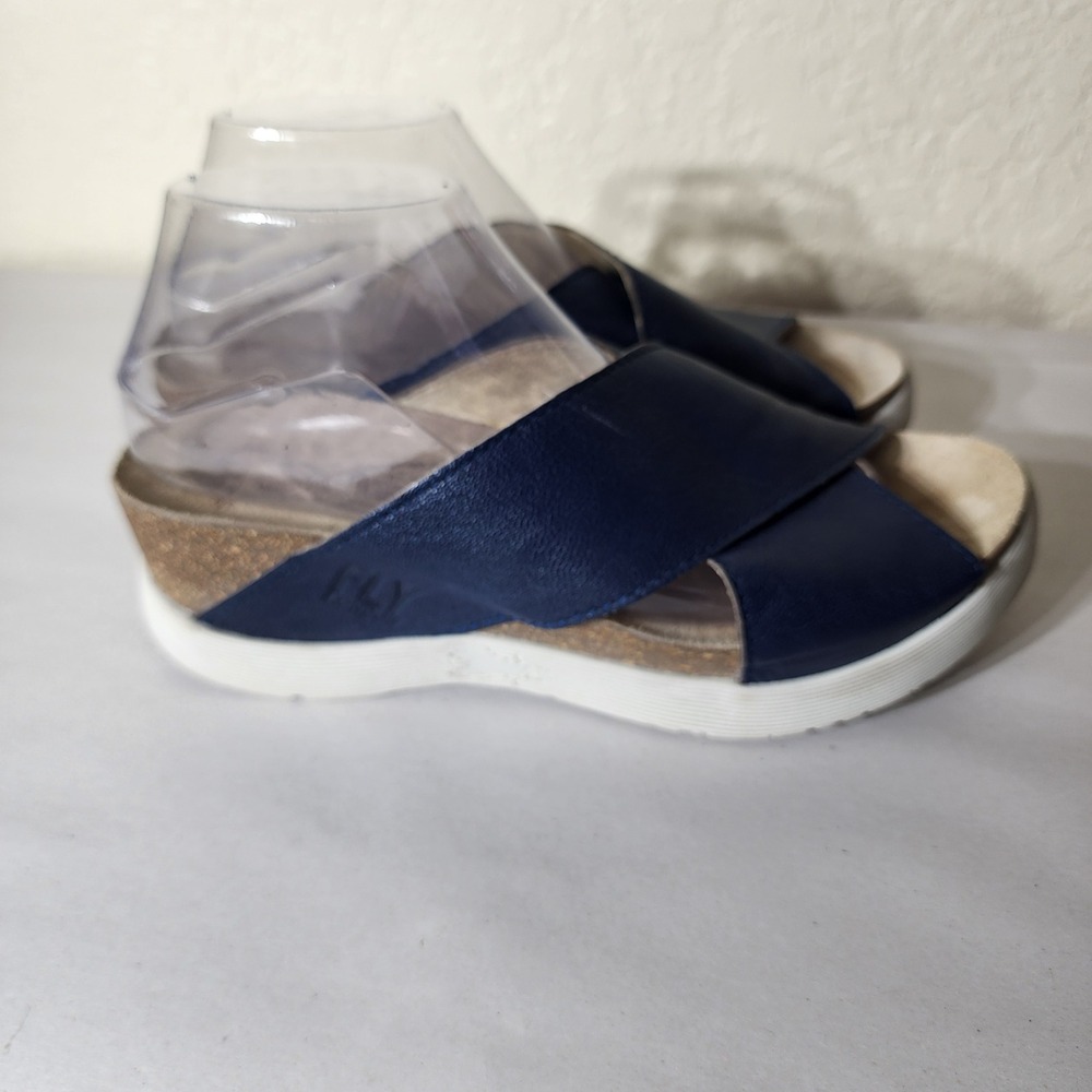 Fly London Navy Blue Leather Cross Strap Wedge Slide Sandals Womens 41 US 10 - Picture 2 of 10
